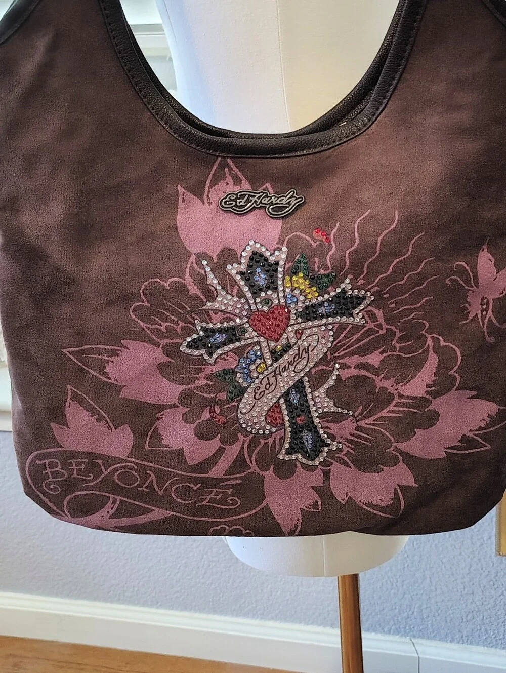 Ed Hardy Brown Suede Pink Floral Rhinestone Cross Beyonce Hobo Satchel Bag